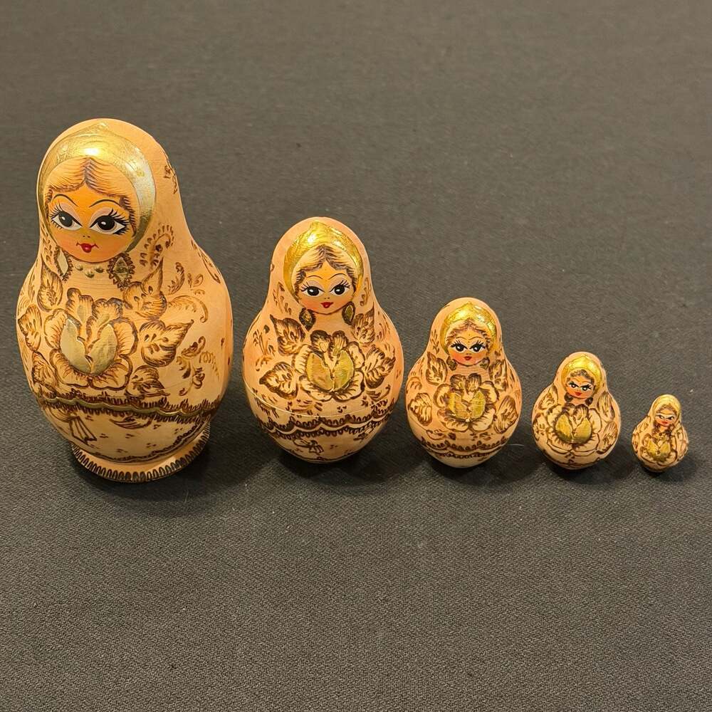 Vintage Russian Pyrography Wood Burned Nesting Dolls 5-Piece Sergiev Posad 1993